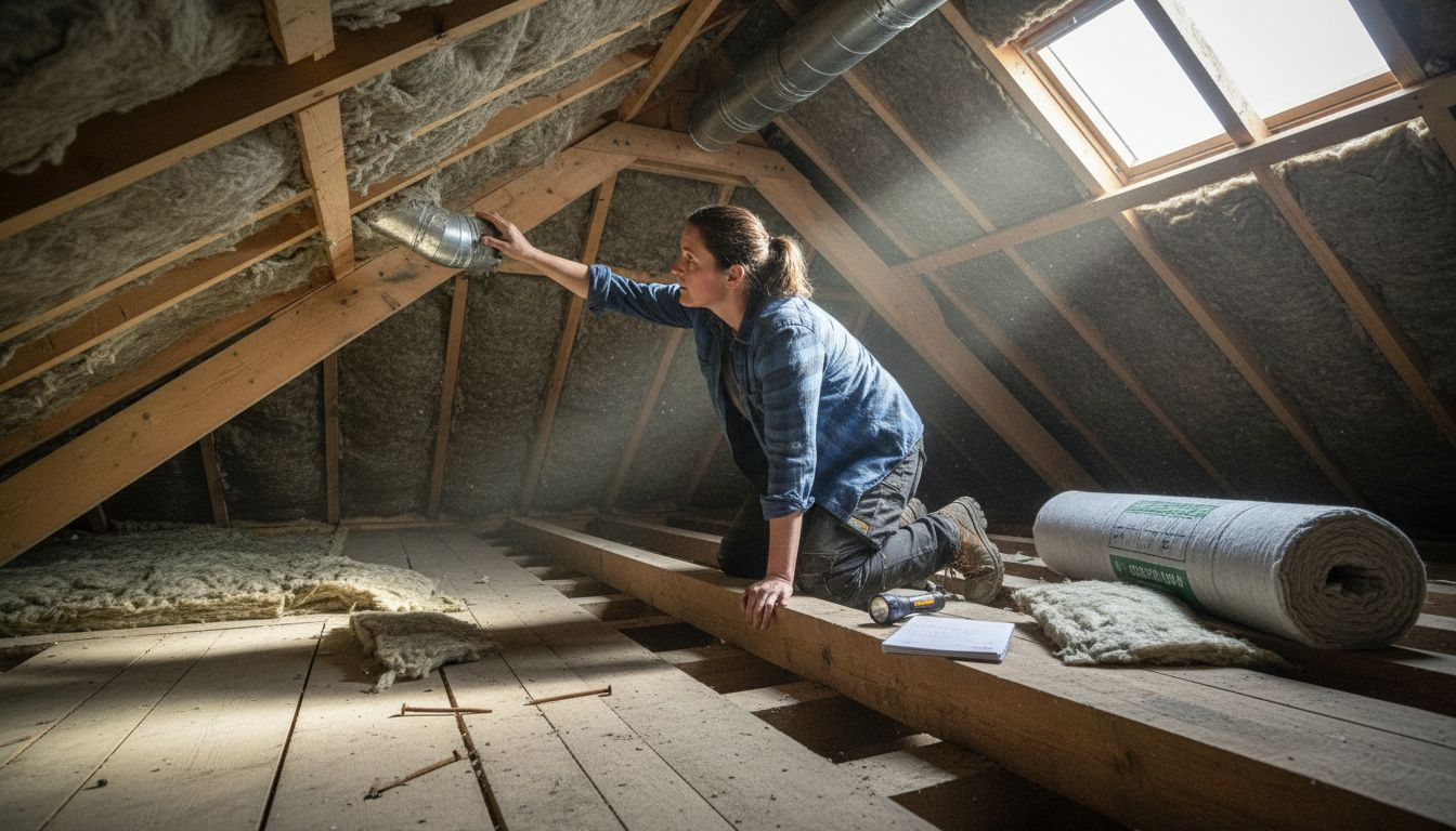 Een vrouw inspecteert de ventilatie en isolatie van haar zolder.
