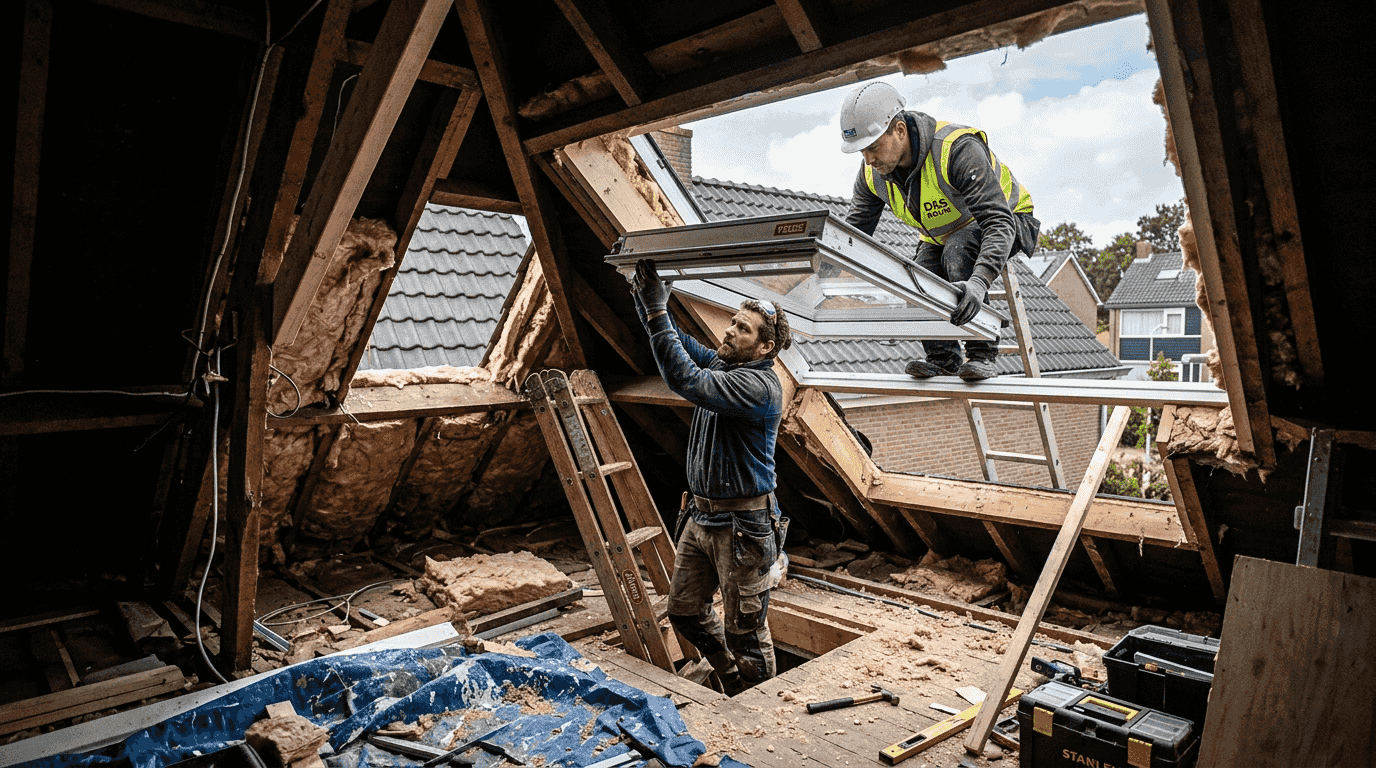 Tijdens de renovatie van het dak plaatsen vakmensen een nieuw dakraam.