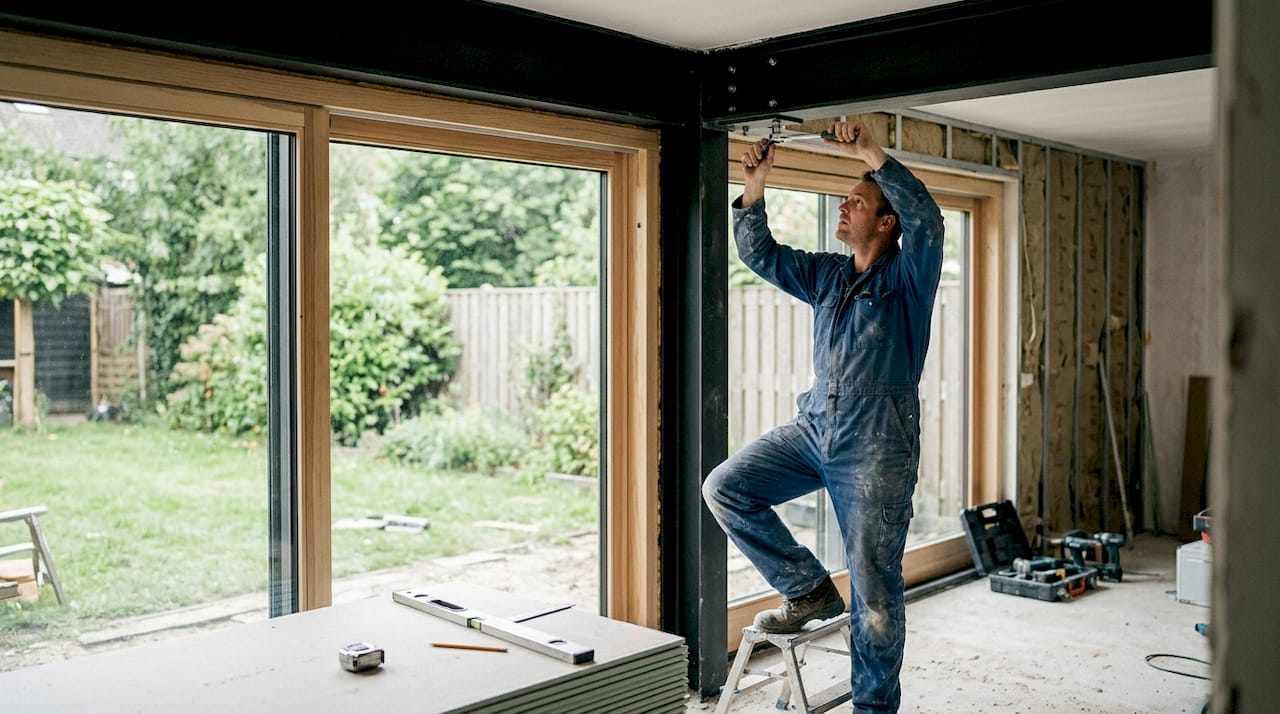 De installateur plaatst het staalportaal tijdens de bouw.