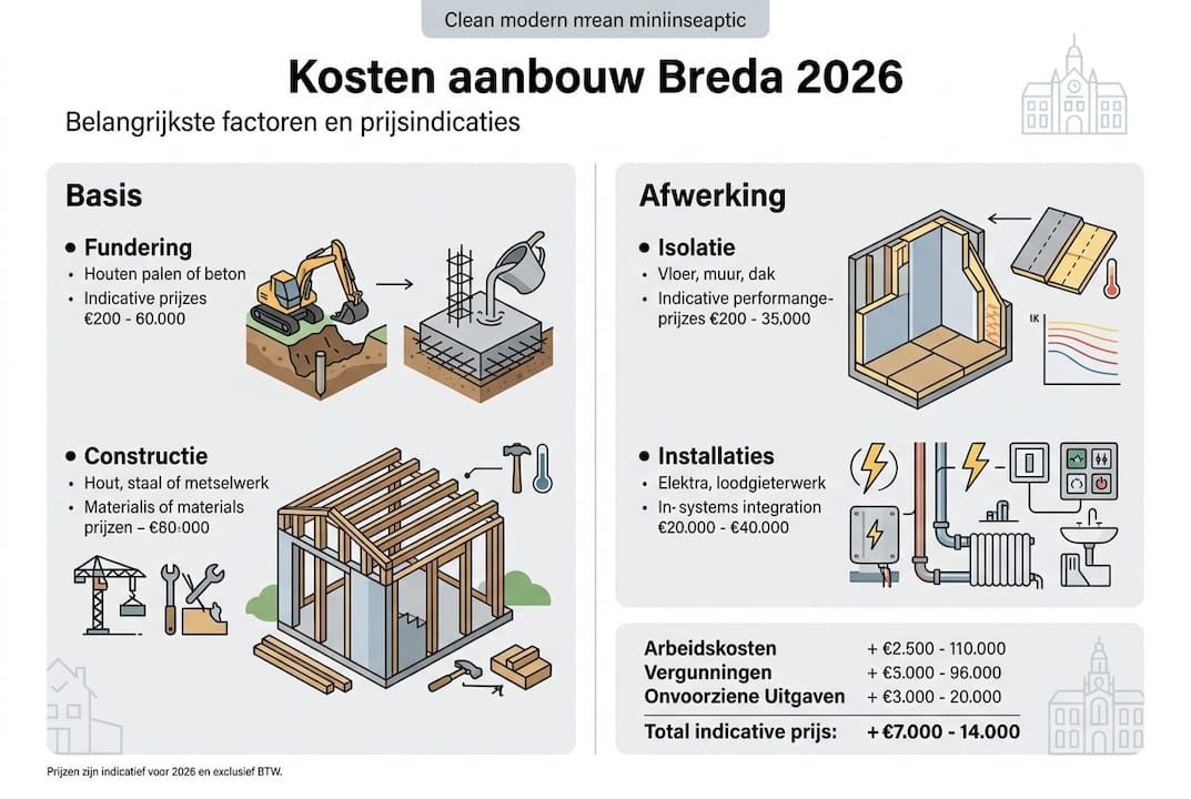 Overzicht van de kostenopbouw voor een aanbouw in Breda in 2026 (infographic)