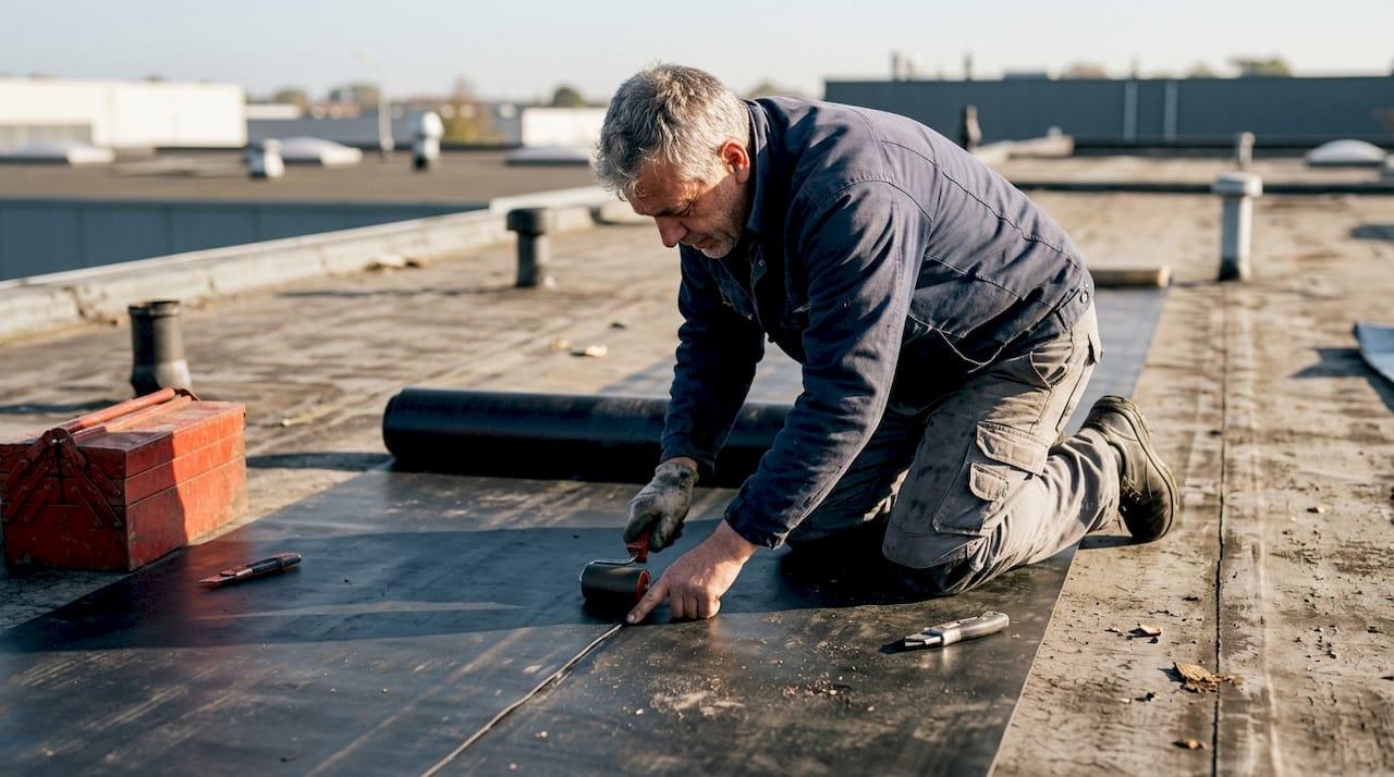 Een dakdekker brengt EPDM dakbedekking aan en controleert of alles netjes is afgewerkt.