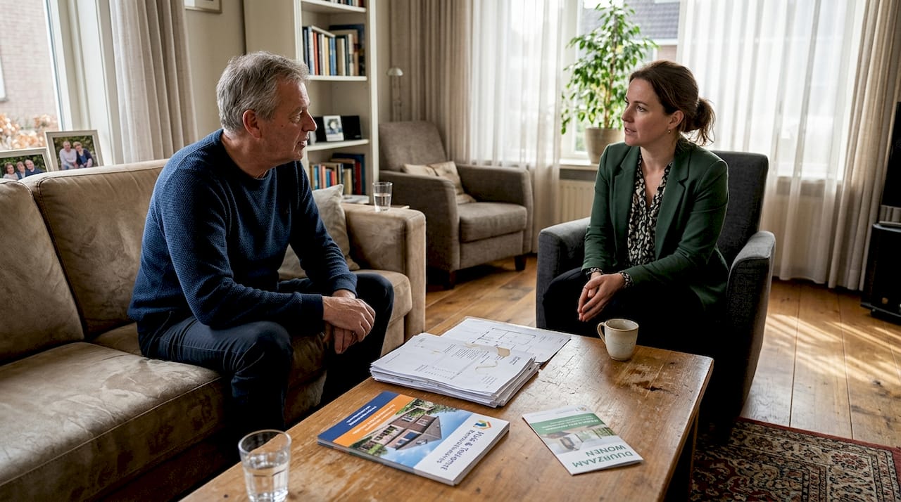 De renovatieadviseur bespreekt samen met de bewoner de plannen voor de woonkamer.