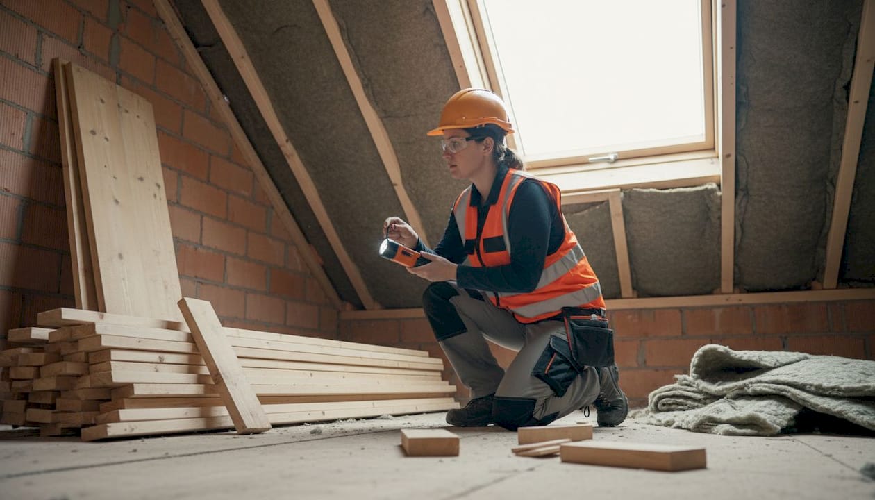 Een vrouw bekijkt de isolatie en het houtwerk tijdens de renovatie van het dak.
