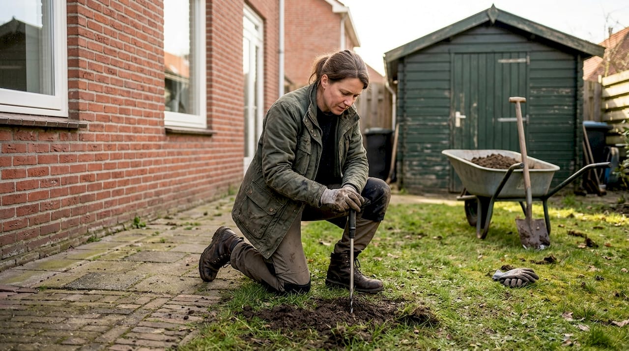 Vrouw doet bodemonderzoek naast haar huis
