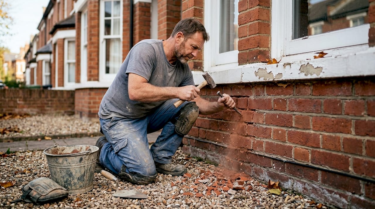 Een metselaar die met de hand het voegwerk tussen de bakstenen herstelt.