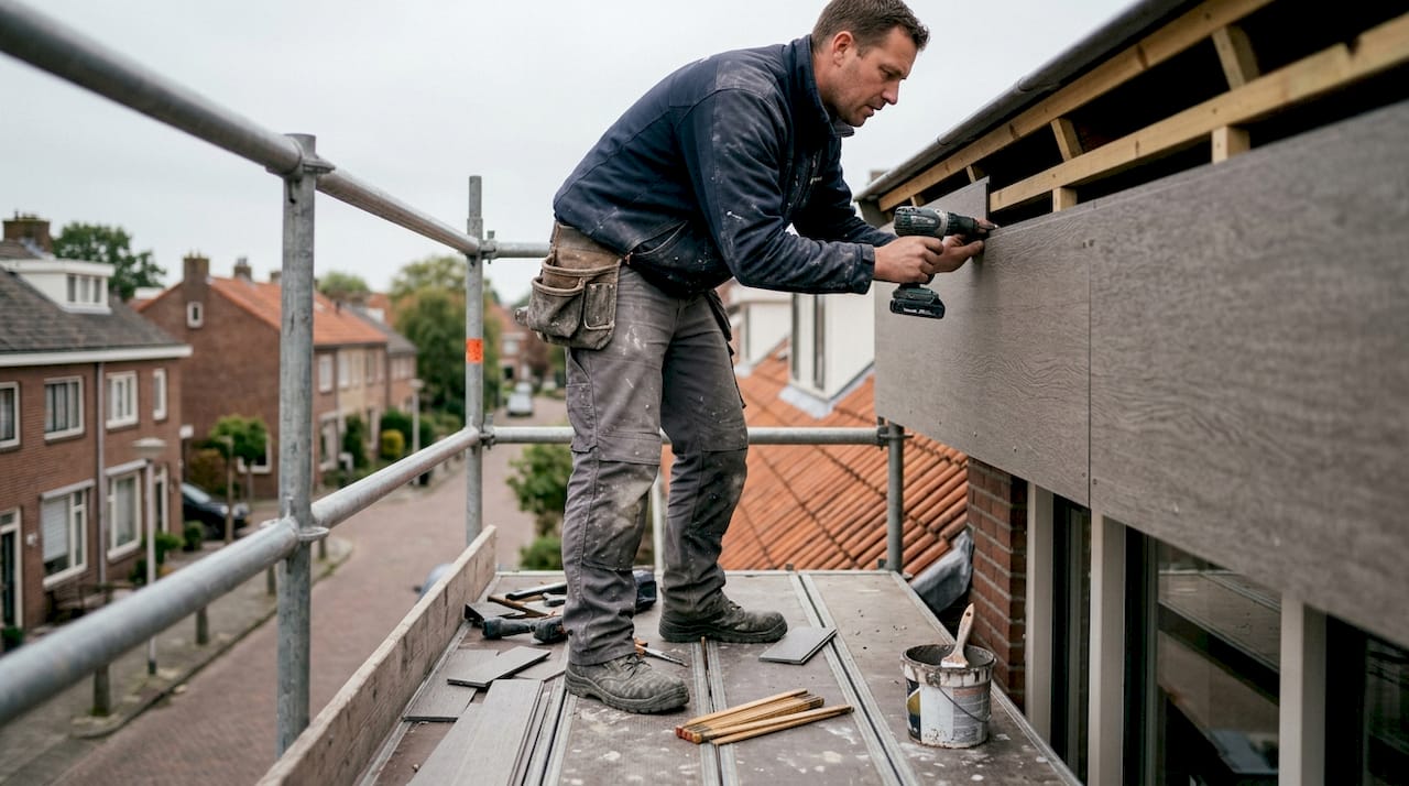 Tijdens het renoveren van het dak plaatst de timmerman nieuwe gevelbekleding.