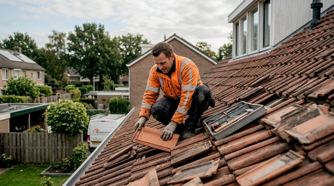 Bij een dakrenovatie zorgt de dakdekker voor het vervangen van de oude dakpannen.