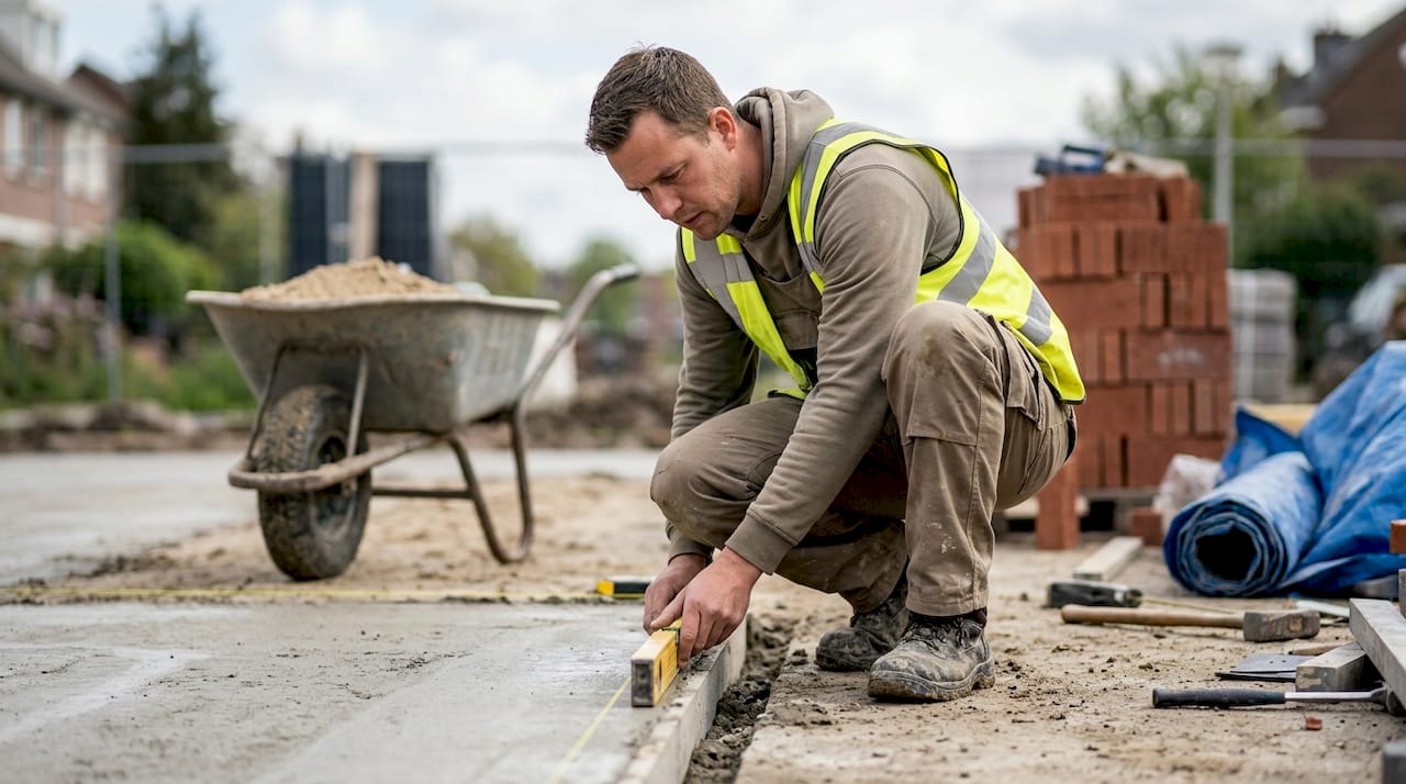 Op de bouwplaats inspecteert een bouwvakker nauwkeurig de fundering om te controleren of alles volgens de normen verloopt.