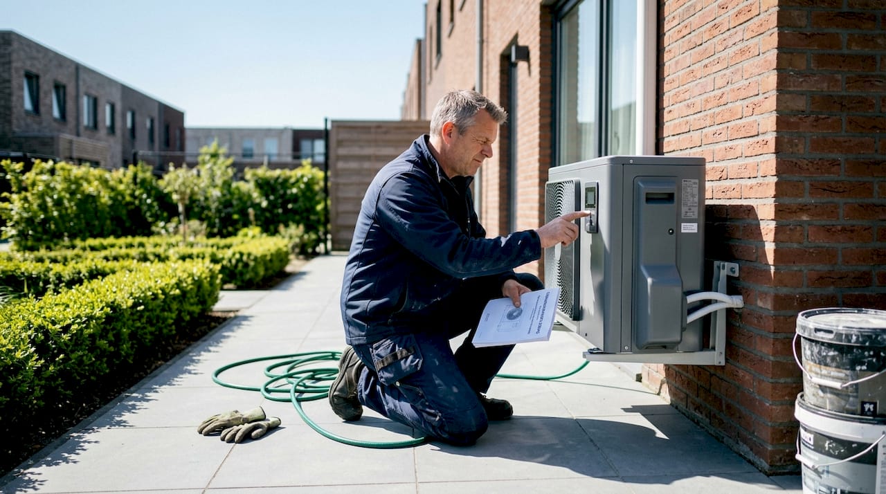 Man checks heat pump at new modern home