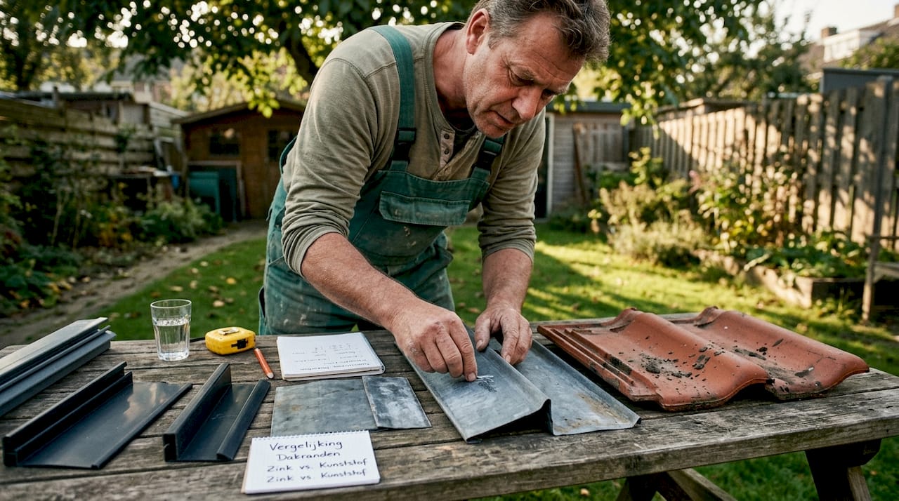 Een ervaren dakdekker bekijkt verschillende dakbedekkingen in de tuin en vergelijkt de mogelijkheden.