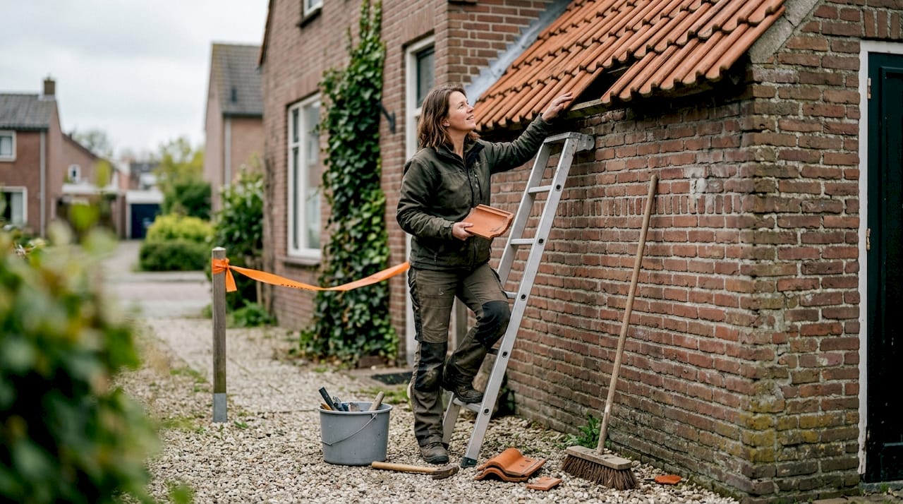 Een vrouw staat op een ladder om een dakpan te vervangen.
