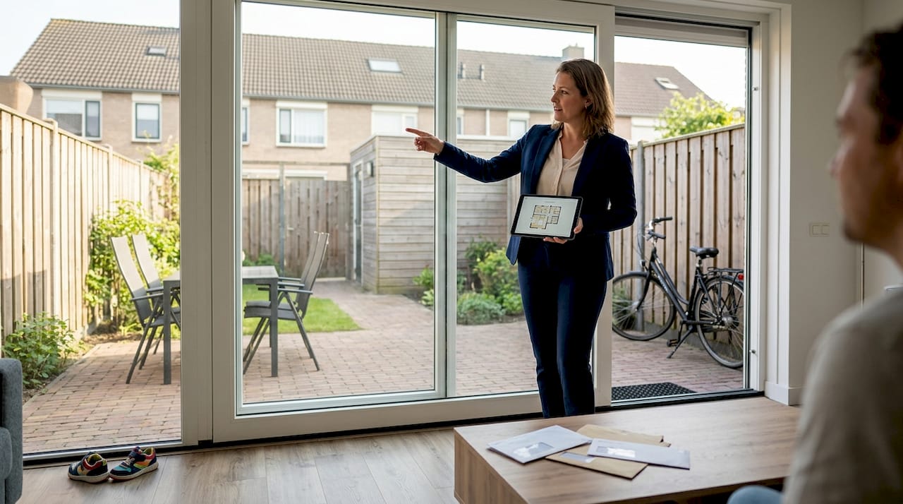 Makelaar geeft bij de tuinkamer uitleg over de waarde van de woning