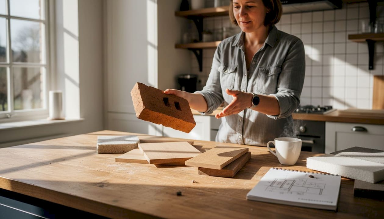 Een vrouw bekijkt verschillende stalen van bouwmaterialen aan haar keukentafel en vergelijkt ze met elkaar.