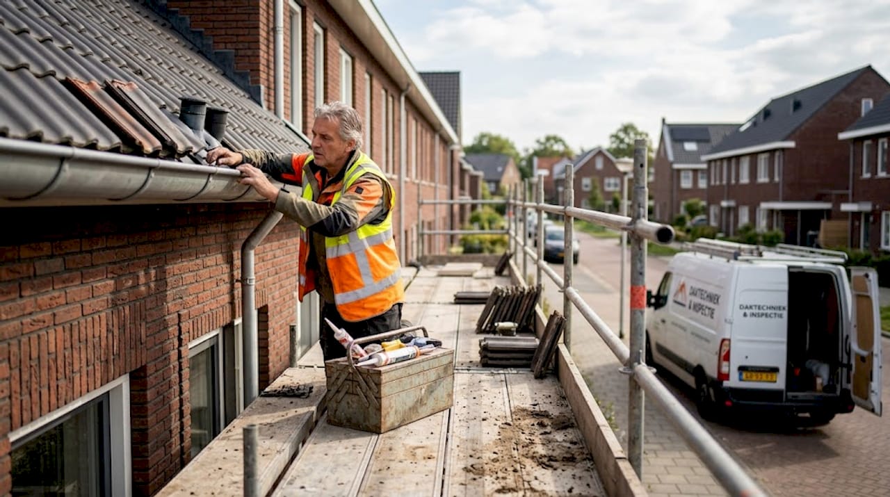 Een dakinspecteur voert een controle uit op het dak van een nieuwbouwwoning, staand op de steiger.