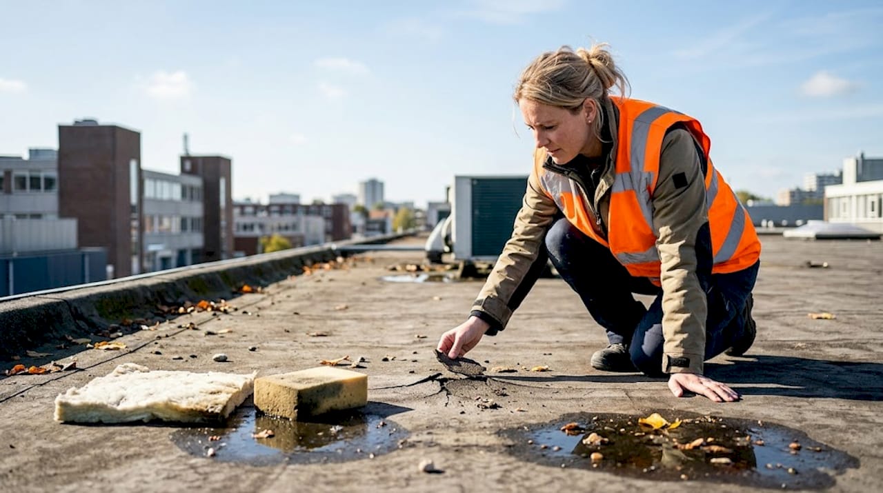 Een specialist inspecteert een scheur in het bitumen dak.
