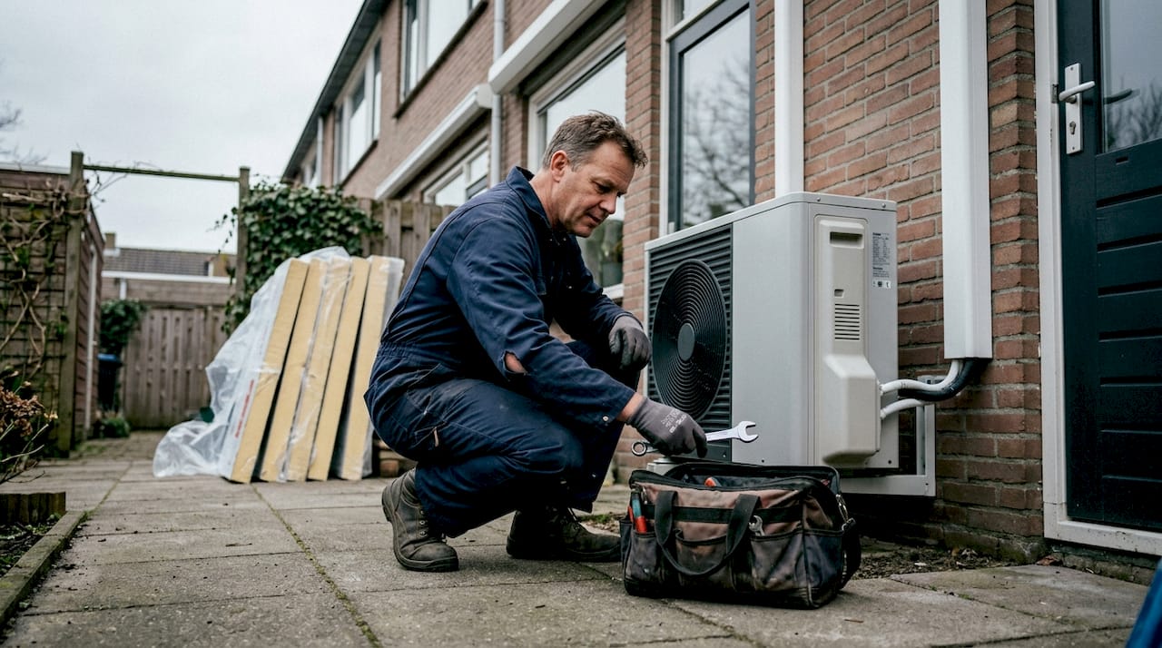Een monteur installeert een warmtepomp bij een particuliere woning.