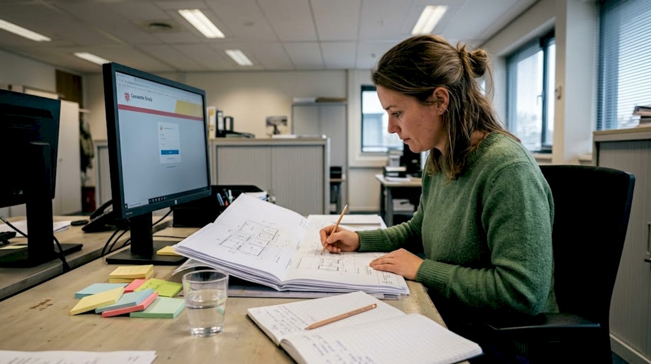 Een gemeenteambtenaar behandelt de aanvragen voor bouwvergunningen.