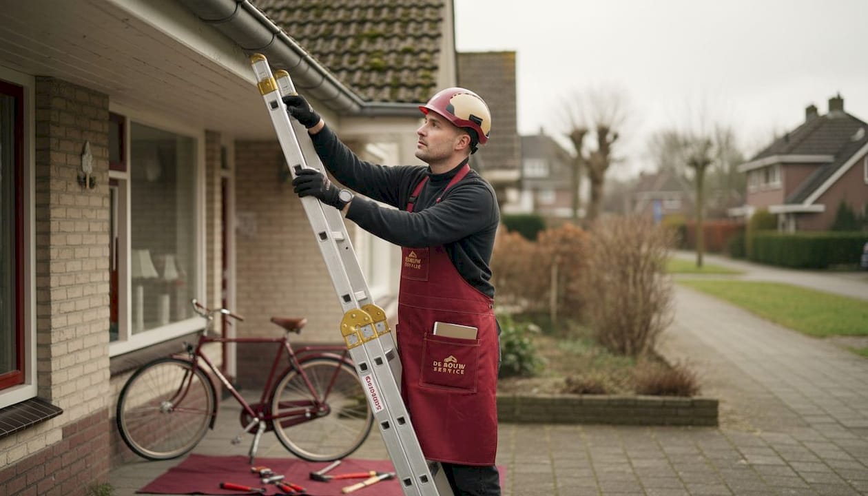 Een ervaren dakdekker inspecteert het dak van een woning uit de jaren zeventig.