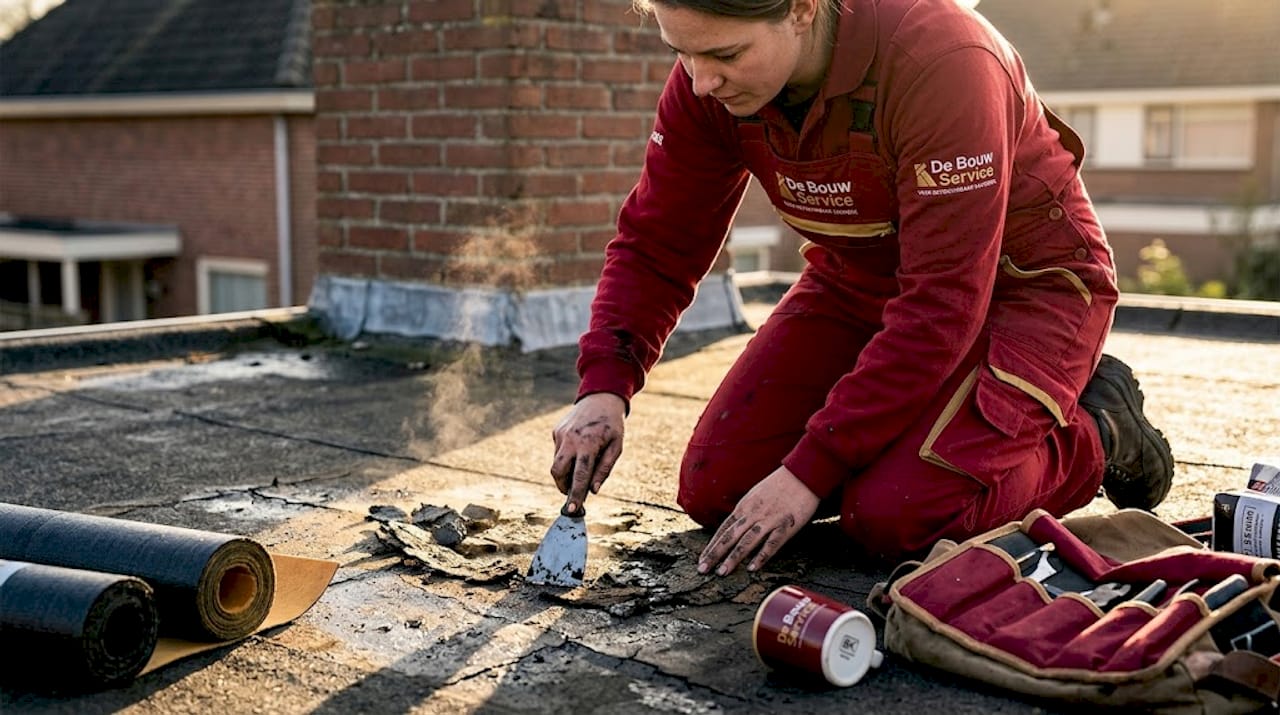 Een ervaren dakdekker verhelpt een lekkage aan een plat dak.