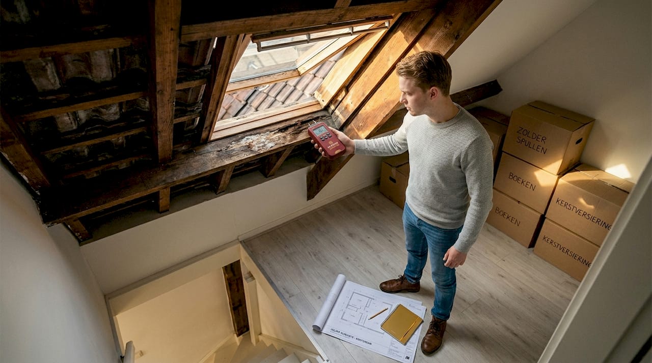 Een specialist op het gebied van dakrenovatie inspecteert de houten draagbalk.