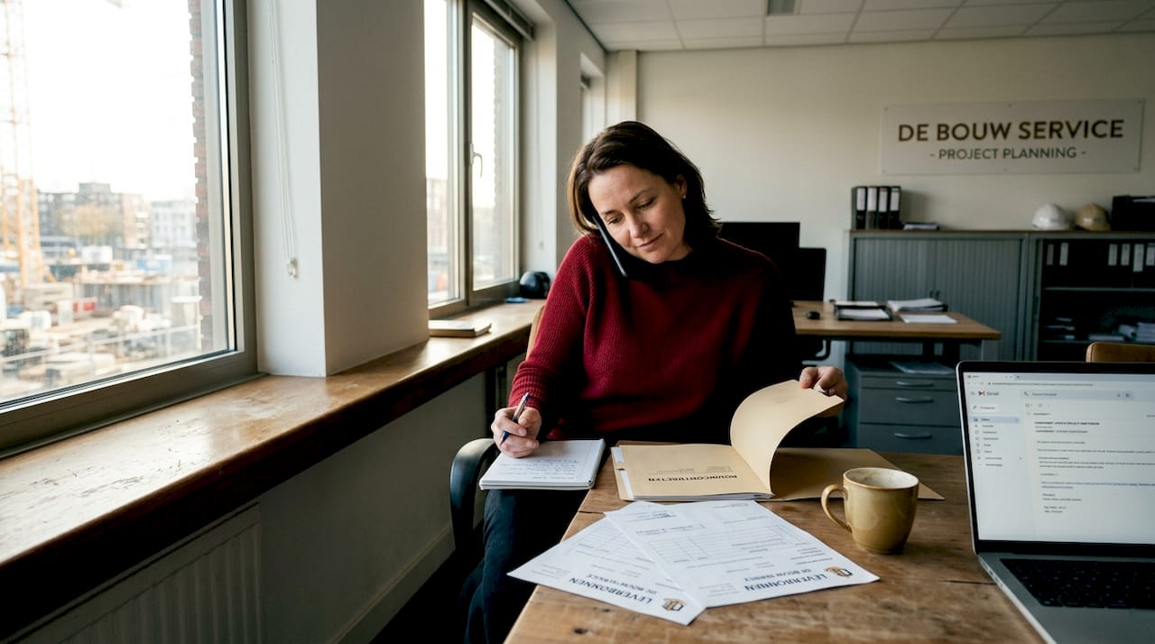 De projectplanner houdt het bouwproces soepel draaiende door alles nauwkeurig af te stemmen via de telefoon en met het nodige papierwerk.