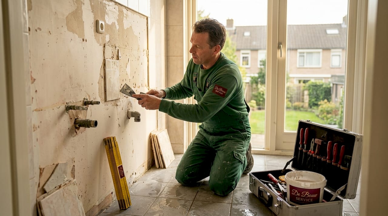 Een tegelzetter is bezig de oude tegels uit een kaalgestripte badkamer te halen.