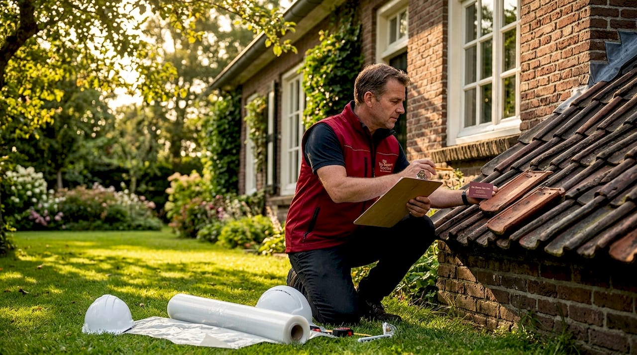Een bouwkundig adviseur inspecteert het pannendak voorafgaand aan de renovatie.