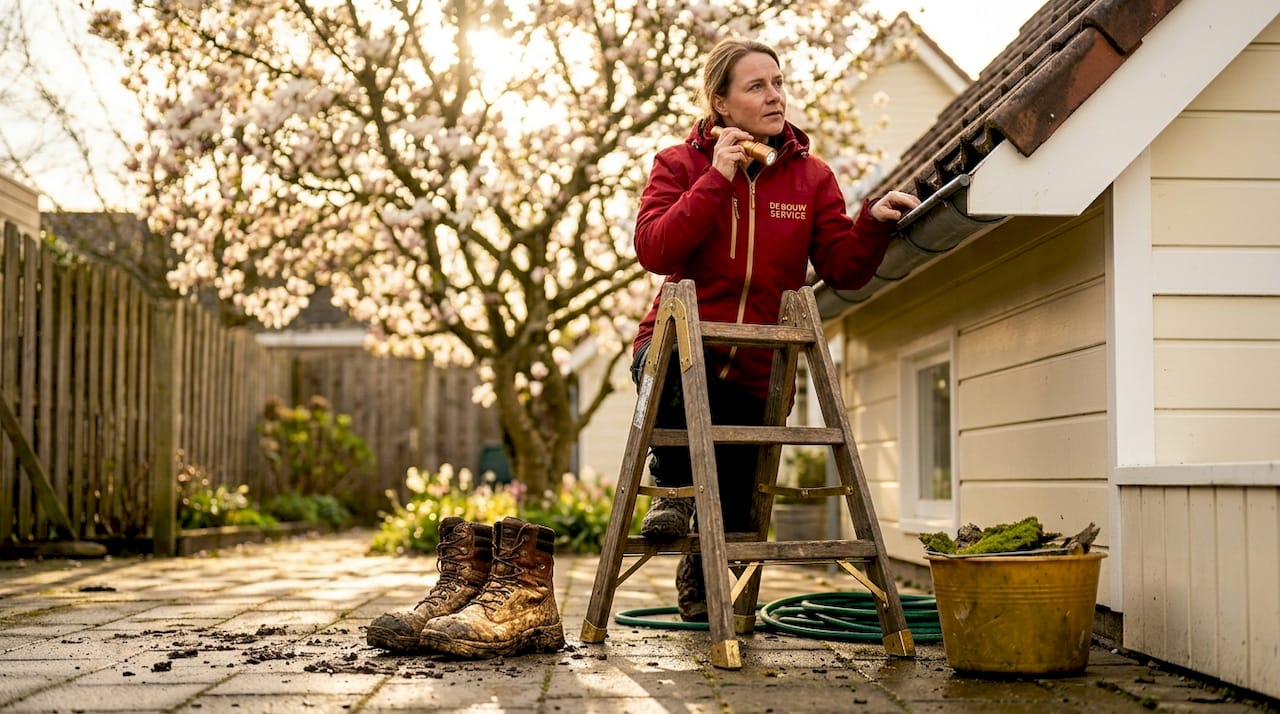 Na een strenge winter bekijkt een vrouw aandachtig de dakrand om te zien of er schade is ontstaan.