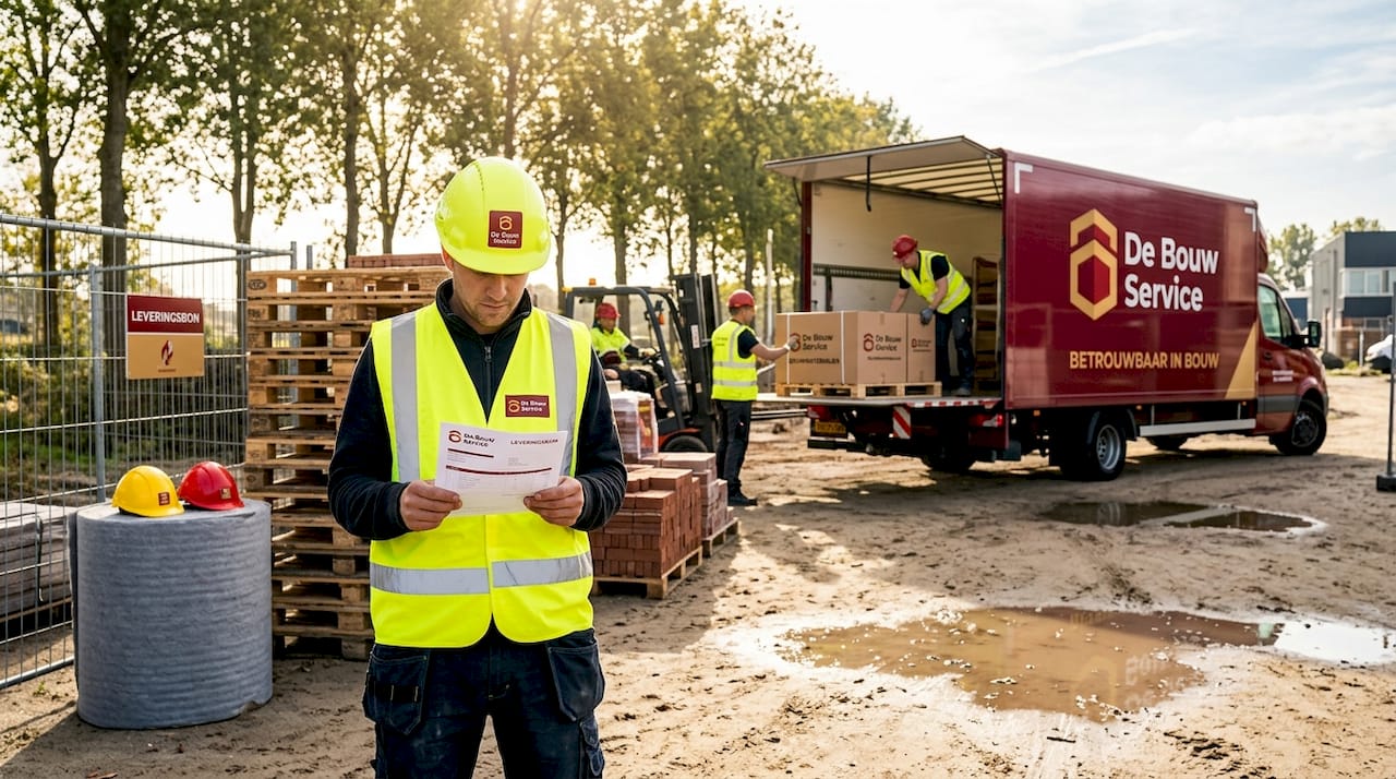 Een bouwvakker kijkt de bouwmaterialen na op de bouwplaats.