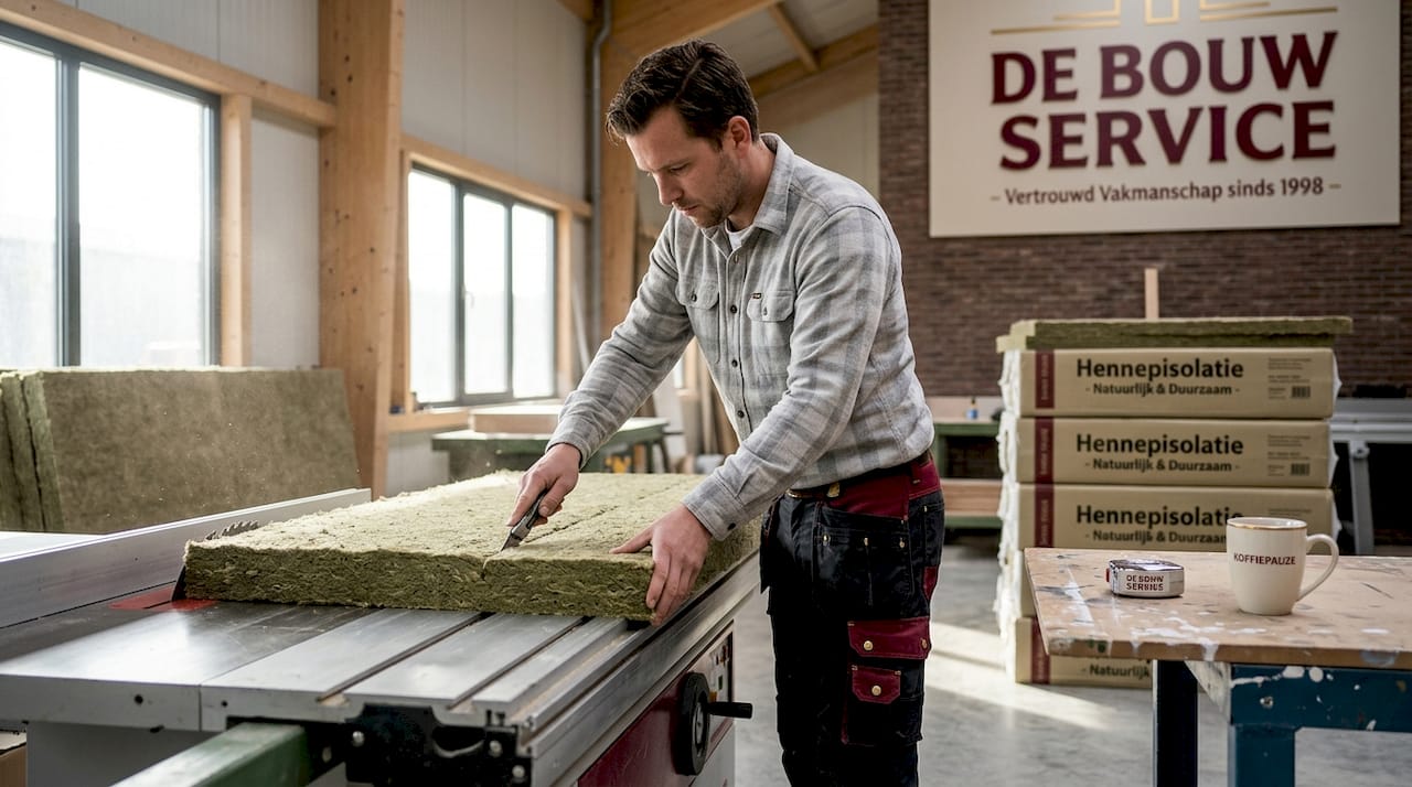 Een vakman brengt milieuvriendelijke isolatie aan in een schuur.