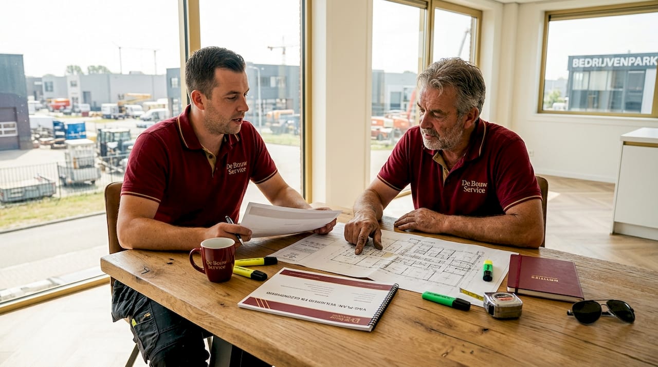 Het bouwteam buigt zich samen rond de tafel over de renovatieplannen.
