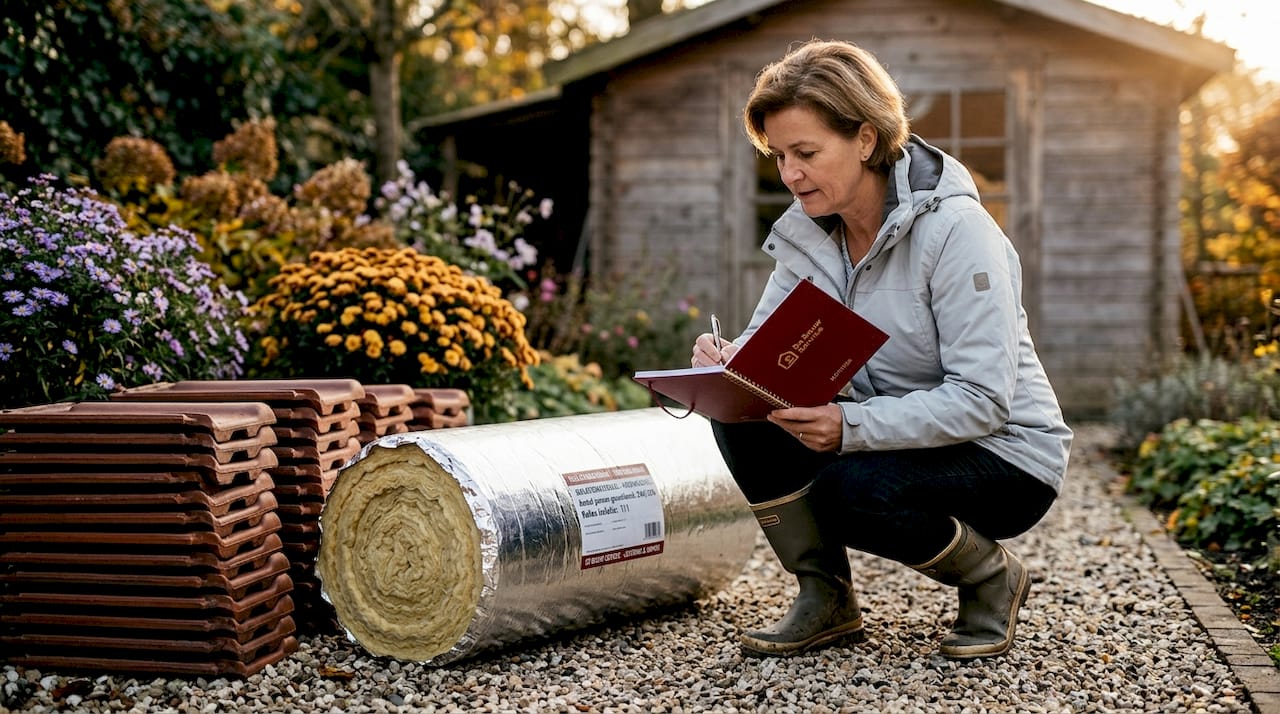 Een vrouw bekijkt op haar oprit zorgvuldig verschillende duurzame bouwmaterialen.