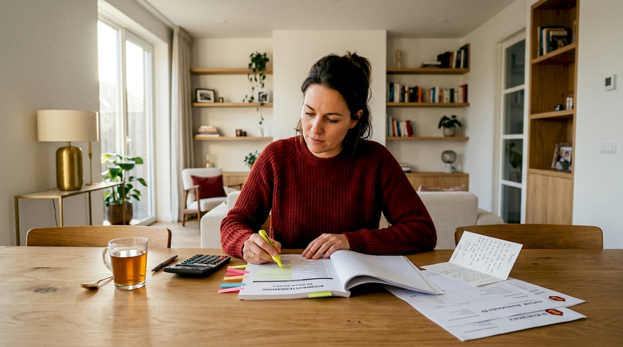 Vrouw maakt een kostenoverzicht op basis van bouwkundig rapport