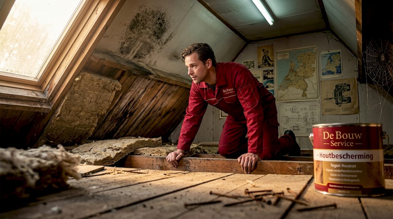 Een vakman inspecteert de zolder op schimmel en houtrot.