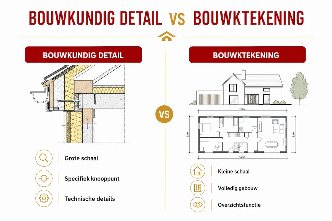 Infographic met een overzicht van de verschillen tussen een bouwkundig detail en een bouwtekening