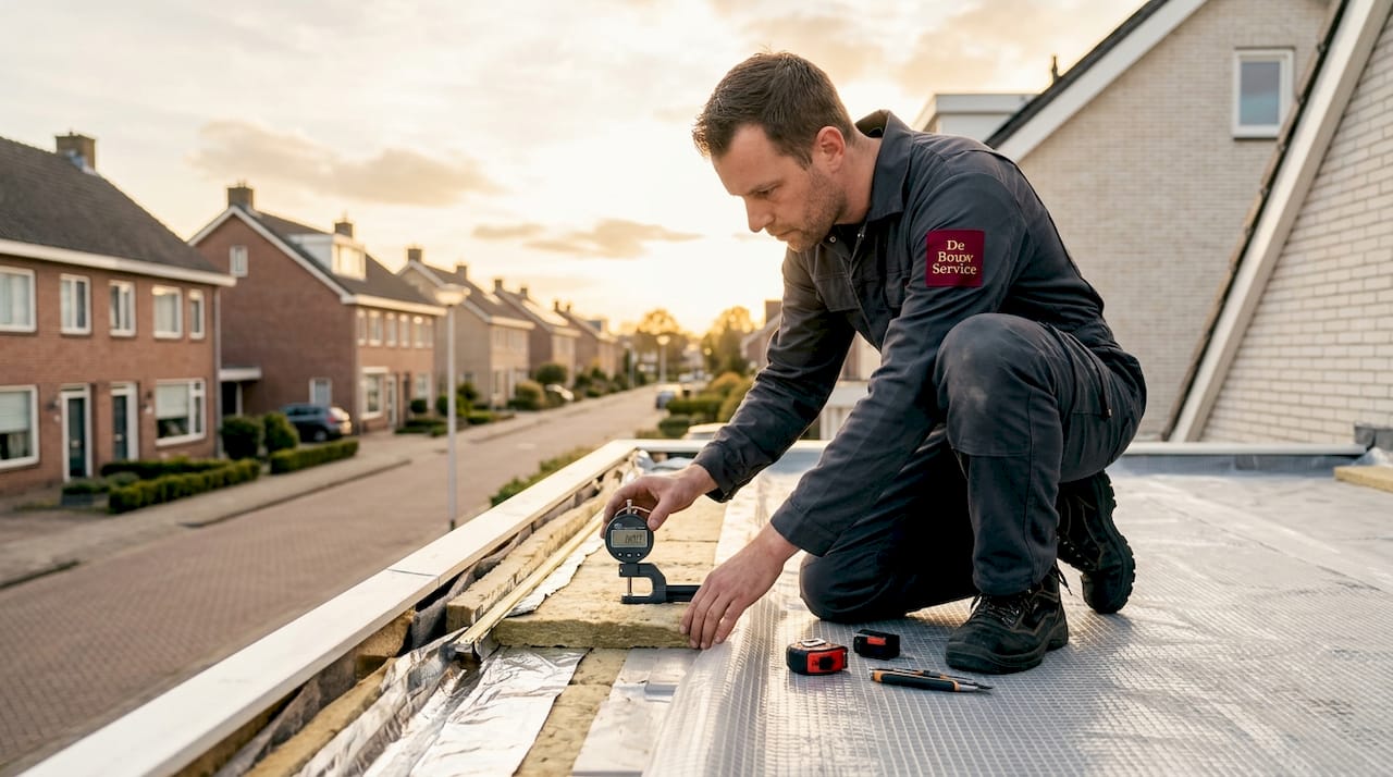 Een bouwvakker controleert de isolatiedikte van het dak bij een woning.