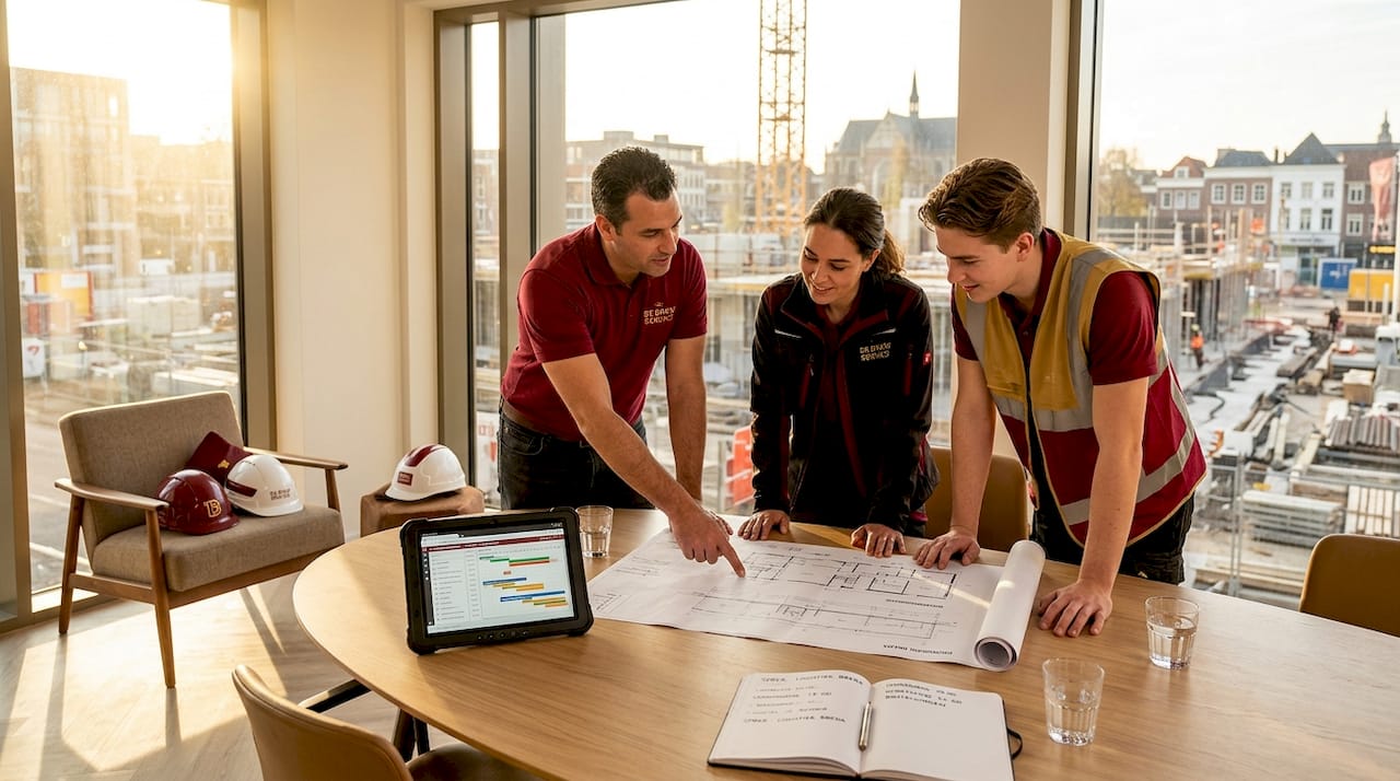 Het bouwteam buigt zich samen over de bouwtekeningen om alles tot in detail door te nemen.