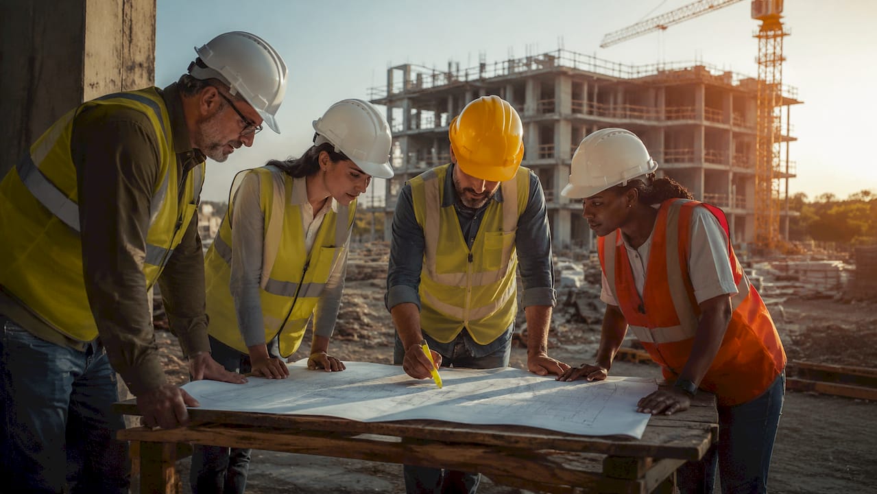 Het bouwteam bespreekt samen de plannen op de bouwplaats.