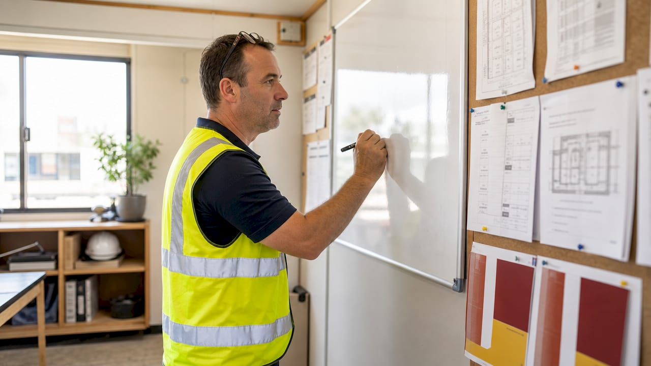 Een kwaliteitsingenieur maakt aantekeningen aan een bureau op de bouwplaats.