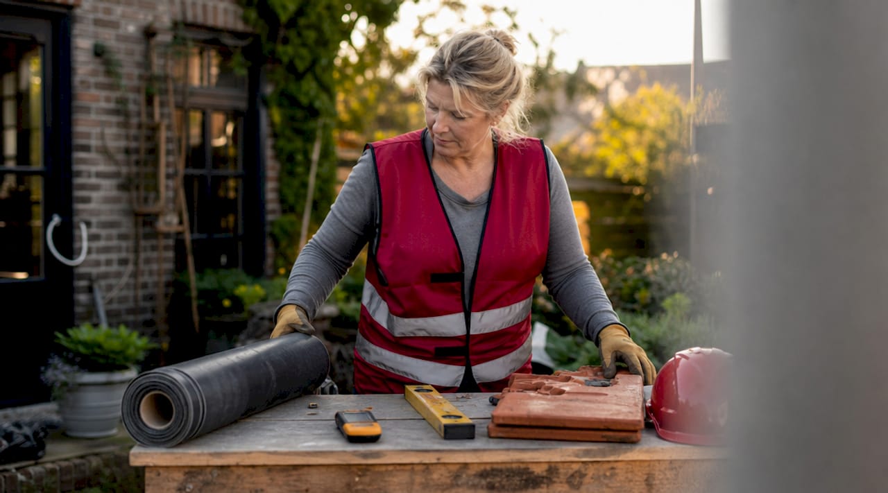 Een vrouw bekijkt in de garage het materiaal dat ze nodig heeft voor het repareren van het dak.
