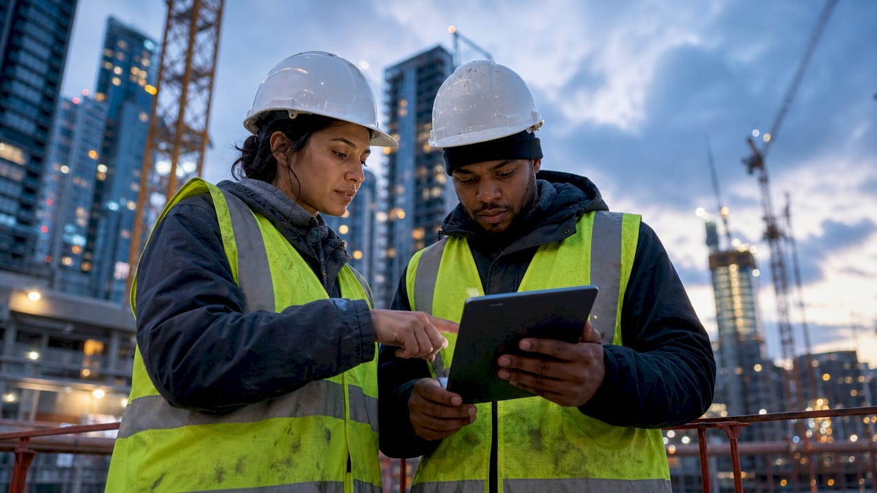 Twee bouwvakkers bekijken samen bouwtekeningen op een tablet.