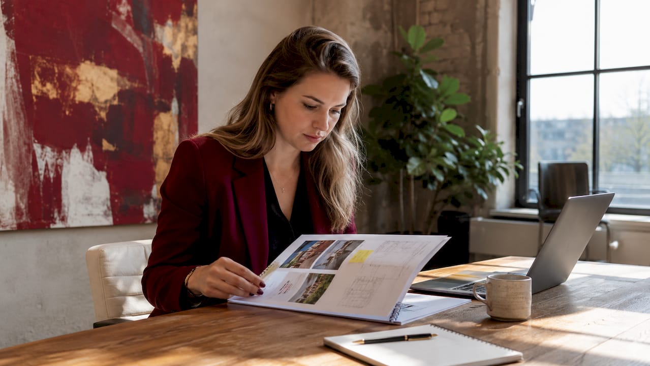 Vrouw bekijkt bouwkundig rapport aandachtig in de woonkamer