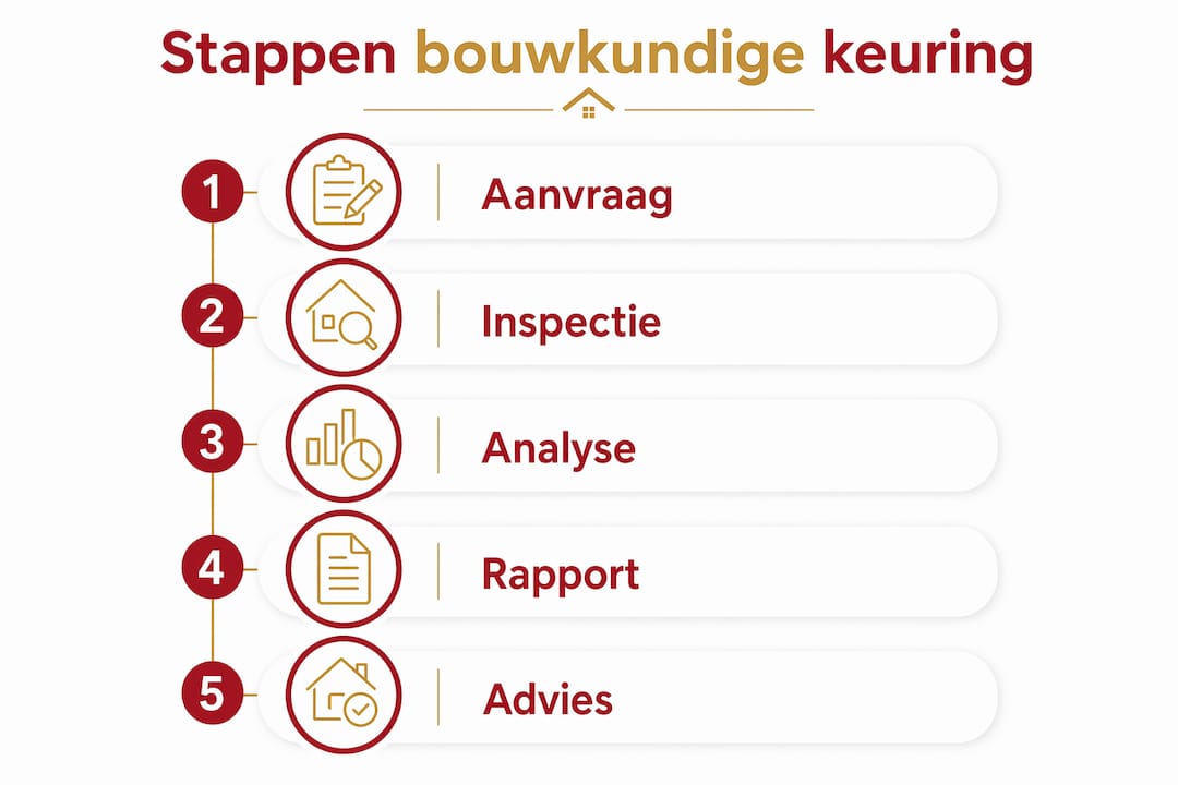 Overzichtelijke infographic: de vijf essentiële stappen van een bouwkundige keuring