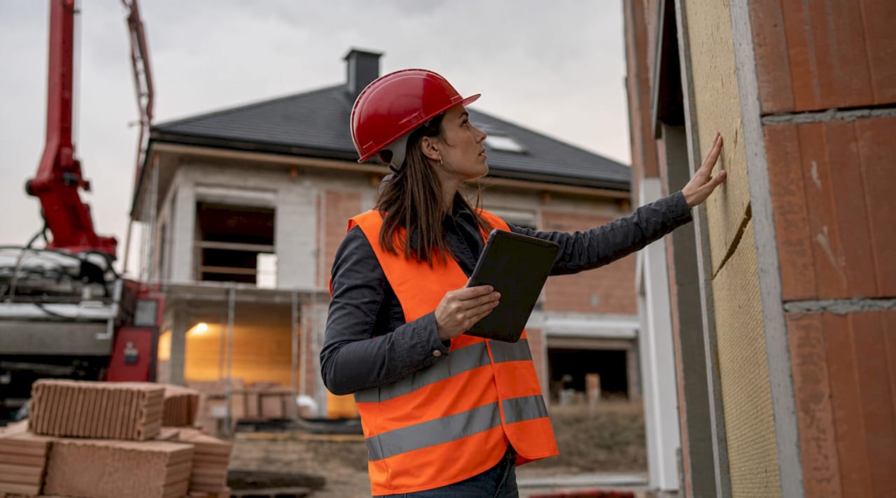 Een kwaliteitsborger voert buiten een controle uit aan de bouwconstructie.