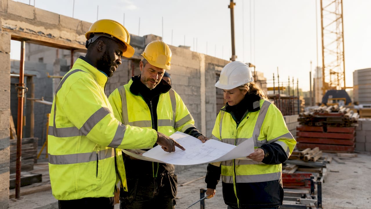 Drie bouwvakkers staan buiten te overleggen over de plannen voor het bouwproject.