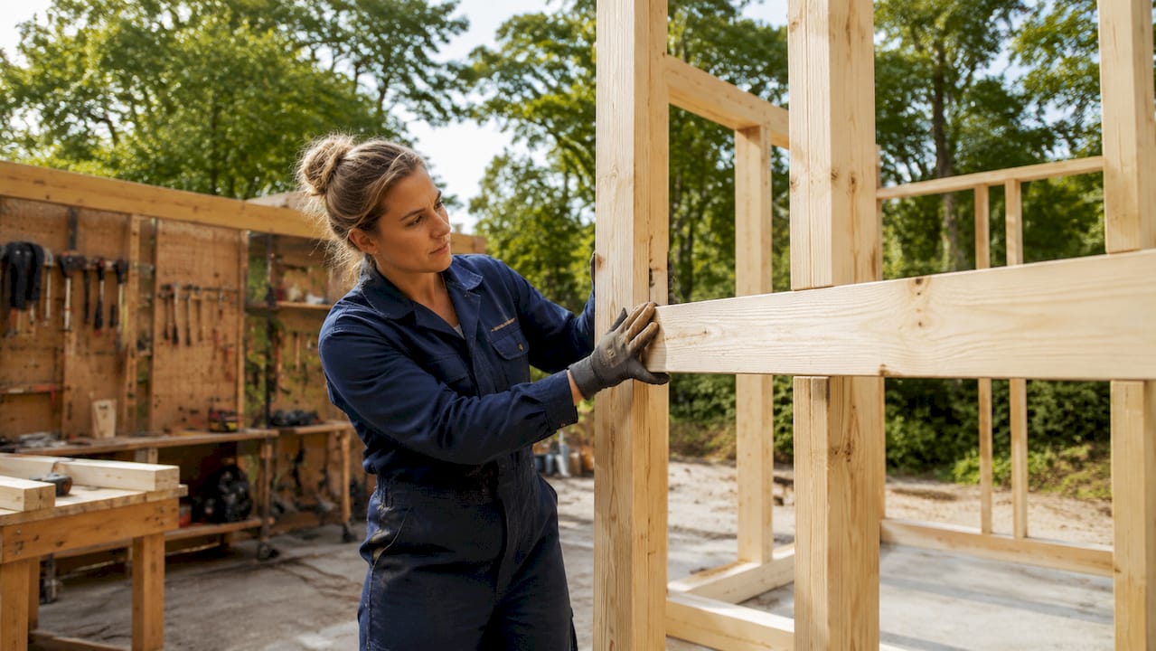 Een timmerman is in de werkplaats bezig met het in elkaar zetten van een houten frame.