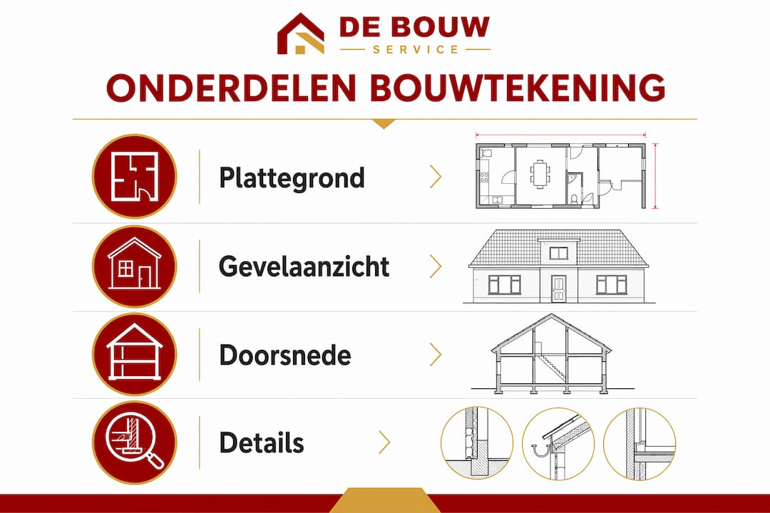 Overzichtelijke infographic met de belangrijkste onderdelen van een bouwtekening