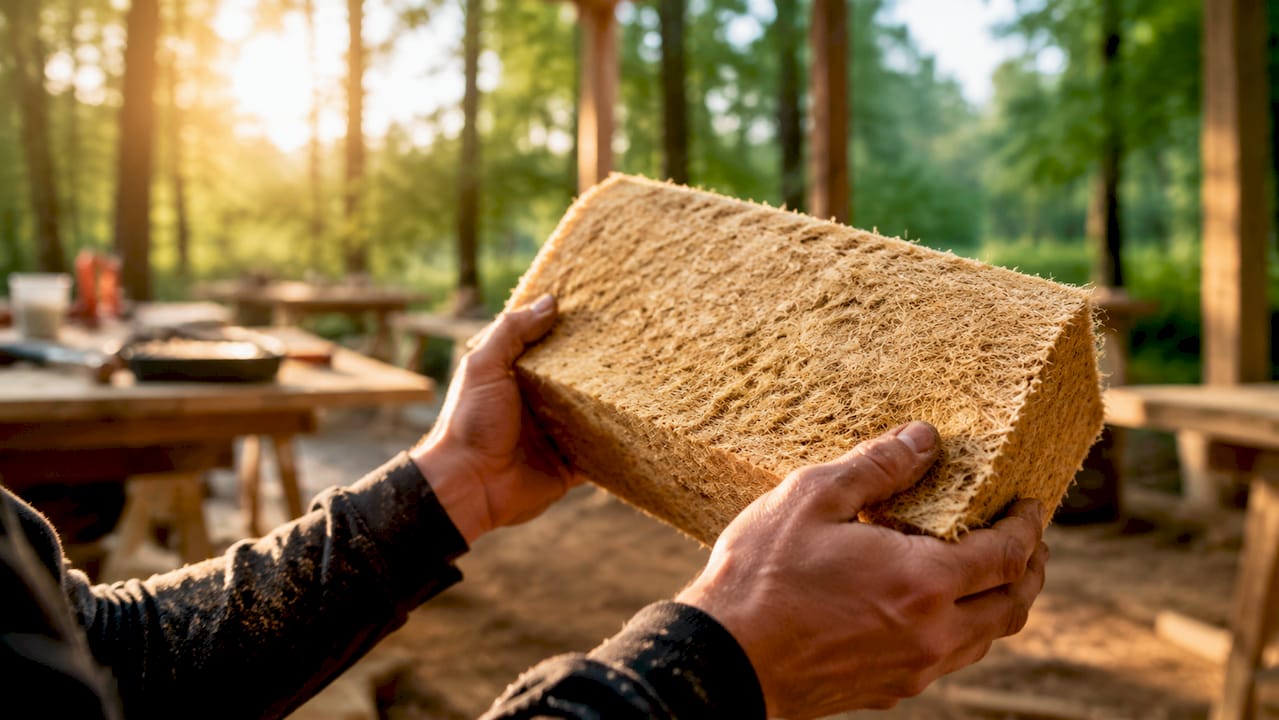 In de werkplaats worden biobased isolatiematerialen getoond door vakmensen.