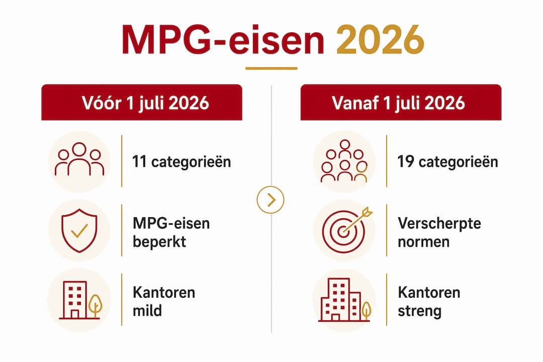 Infographic: overzicht van de MPG-eisen vóór en na 1 juli 2026
