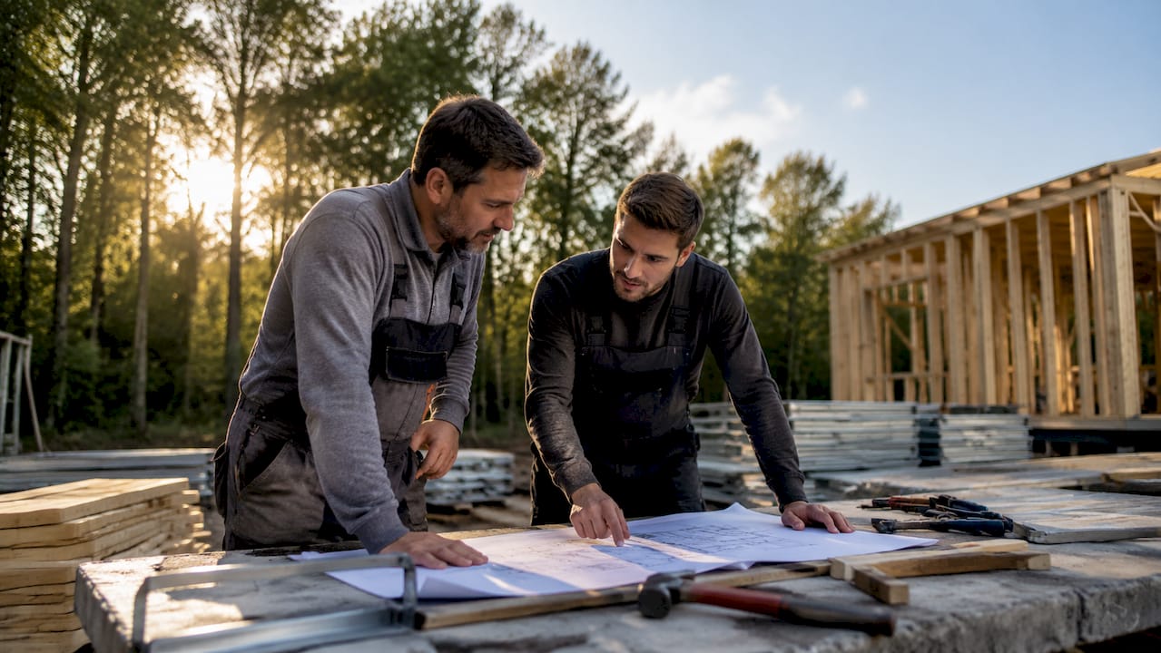 Op de bouwplaats staan de bouwvakkers samen buiten over de bouwtekeningen gebogen.